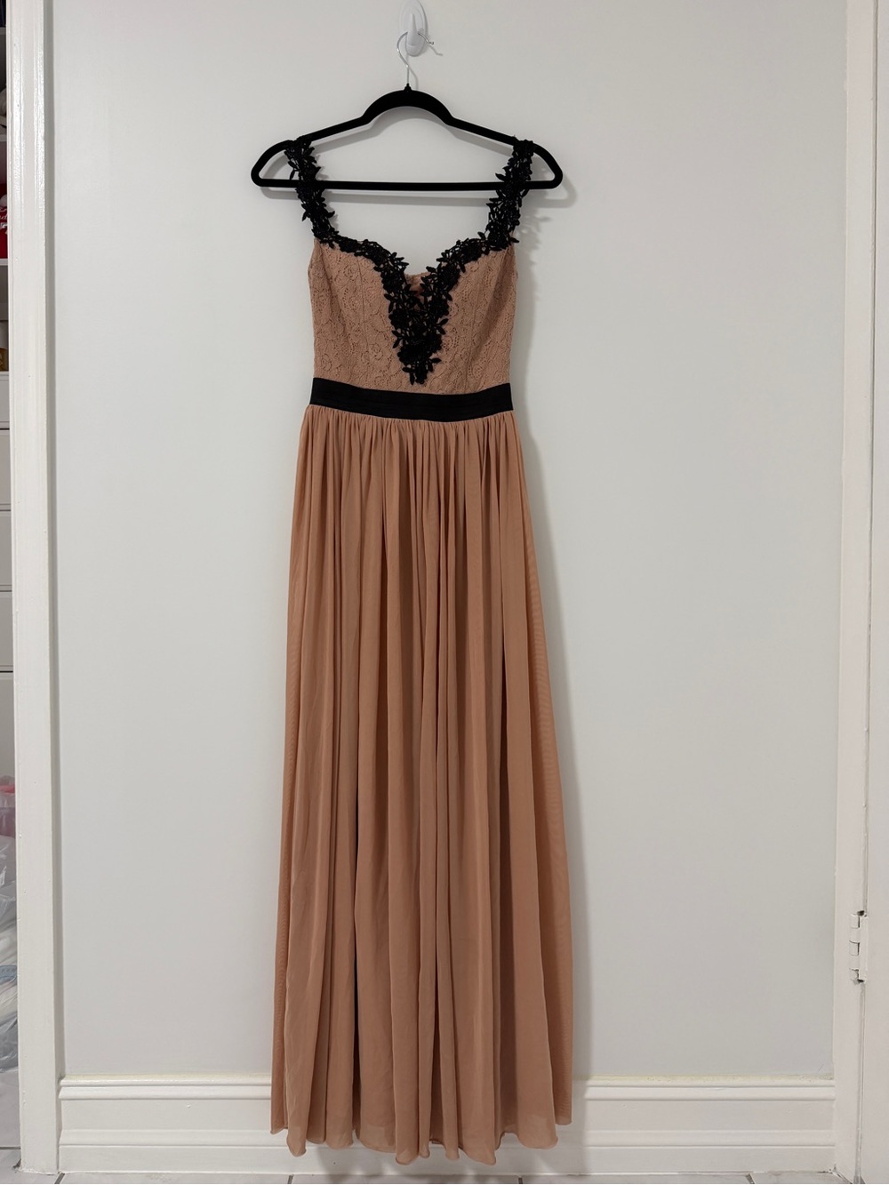 Rare London Limited Edition Nude Beige Maxi Dress with Black Lace Appliqué